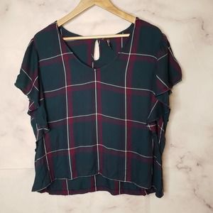 ❤️MASSINI green red plaid short sleeve ruffle top 1X